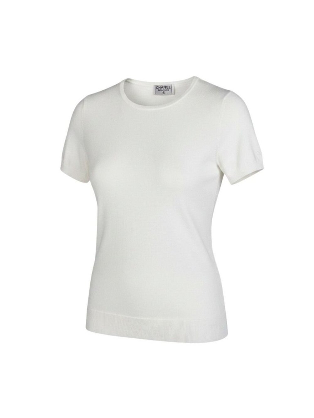 Chanel CC Logo Short Sleeve Knit Sweater 40 White Cotton